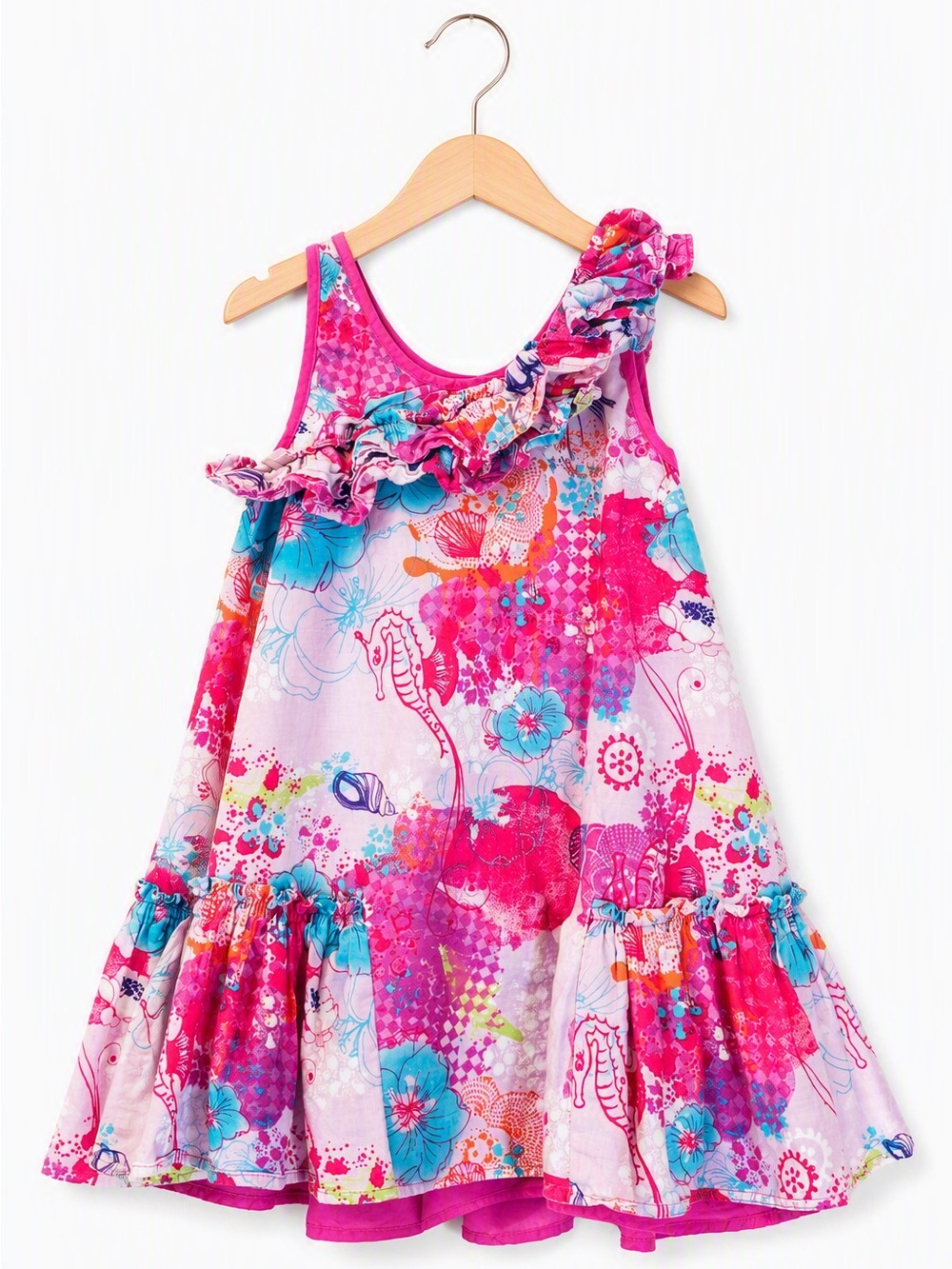 Vintage Y2K Asymmetrical Ruffle Seahorse Tropical Patchwork Sundress